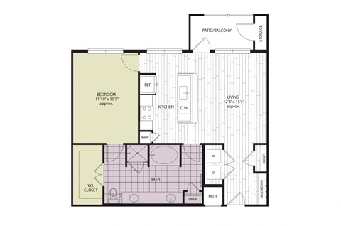 Floor plan for 1 bed, 1 bath, 884 sqft